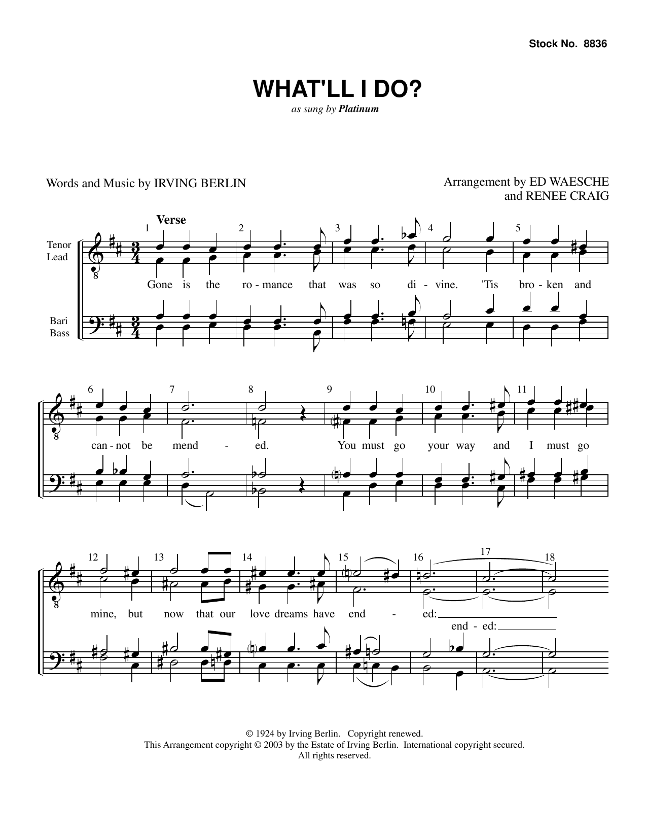 Platinum What'll I Do? (arr. Ed Waesche, Renee Craig) sheet music, chords, lyrics - Printable PDF for TTBB Choir
