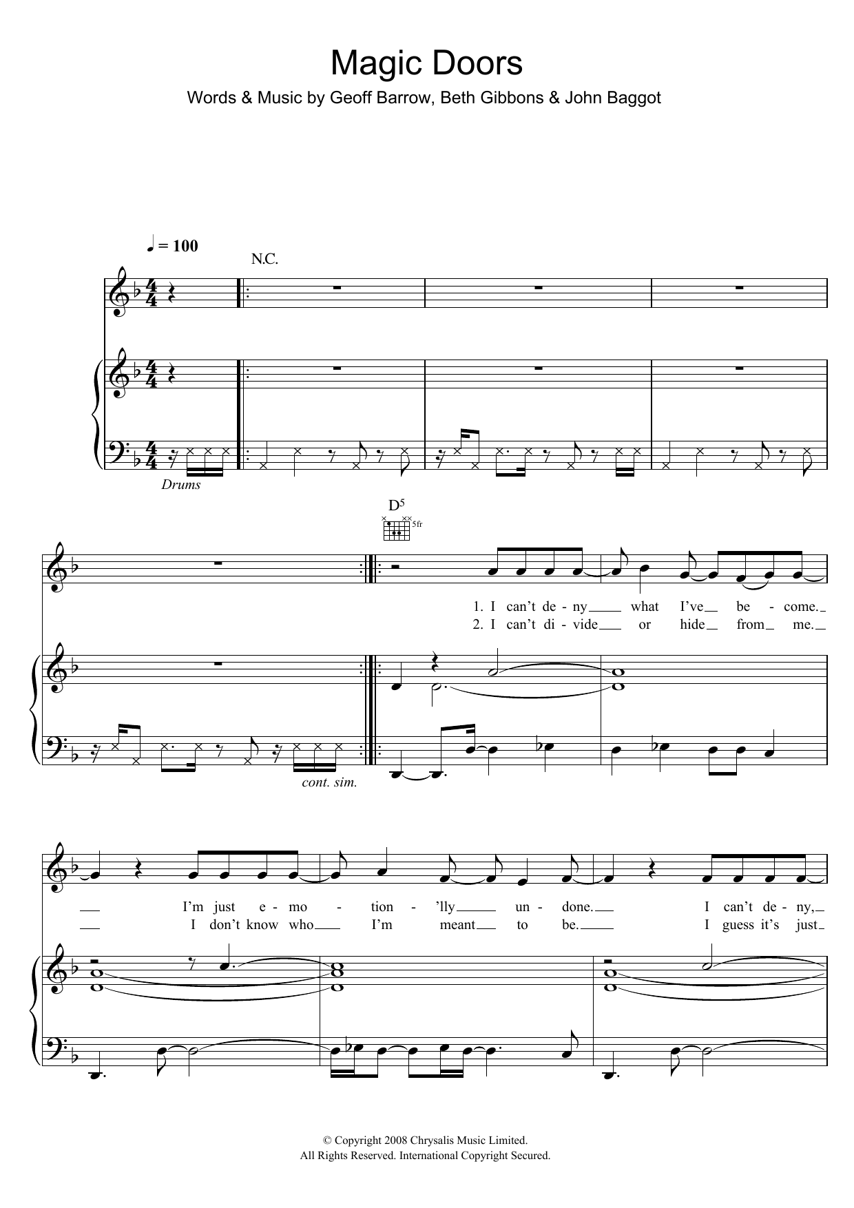 Portishead Magic Doors sheet music, chords, lyrics - Printable PDF for Piano, Vocal & Guitar