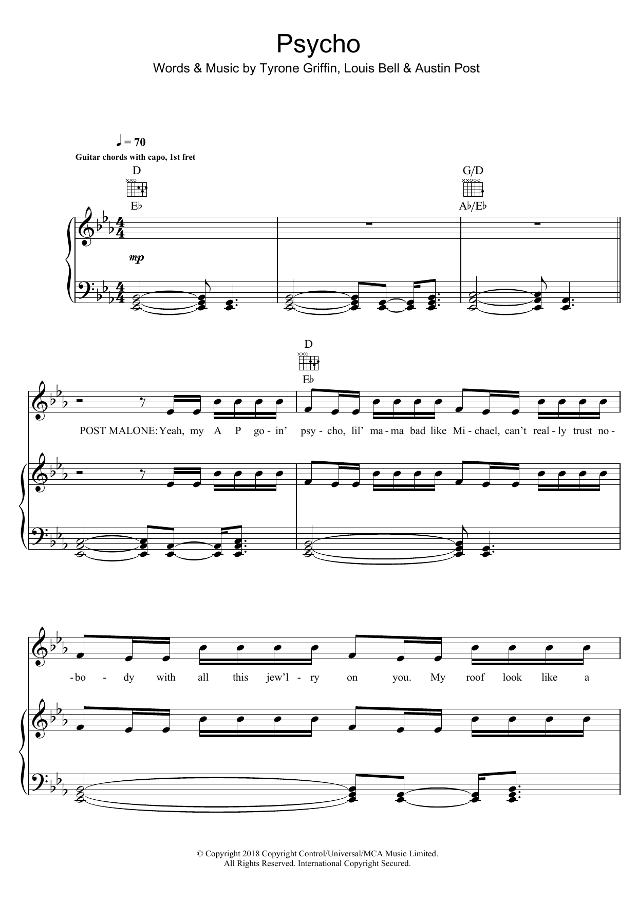 Post Malone Psycho Featuring Ty Dolla Ign Sheet Music Download Printable Pdf Music Notes Score Chords