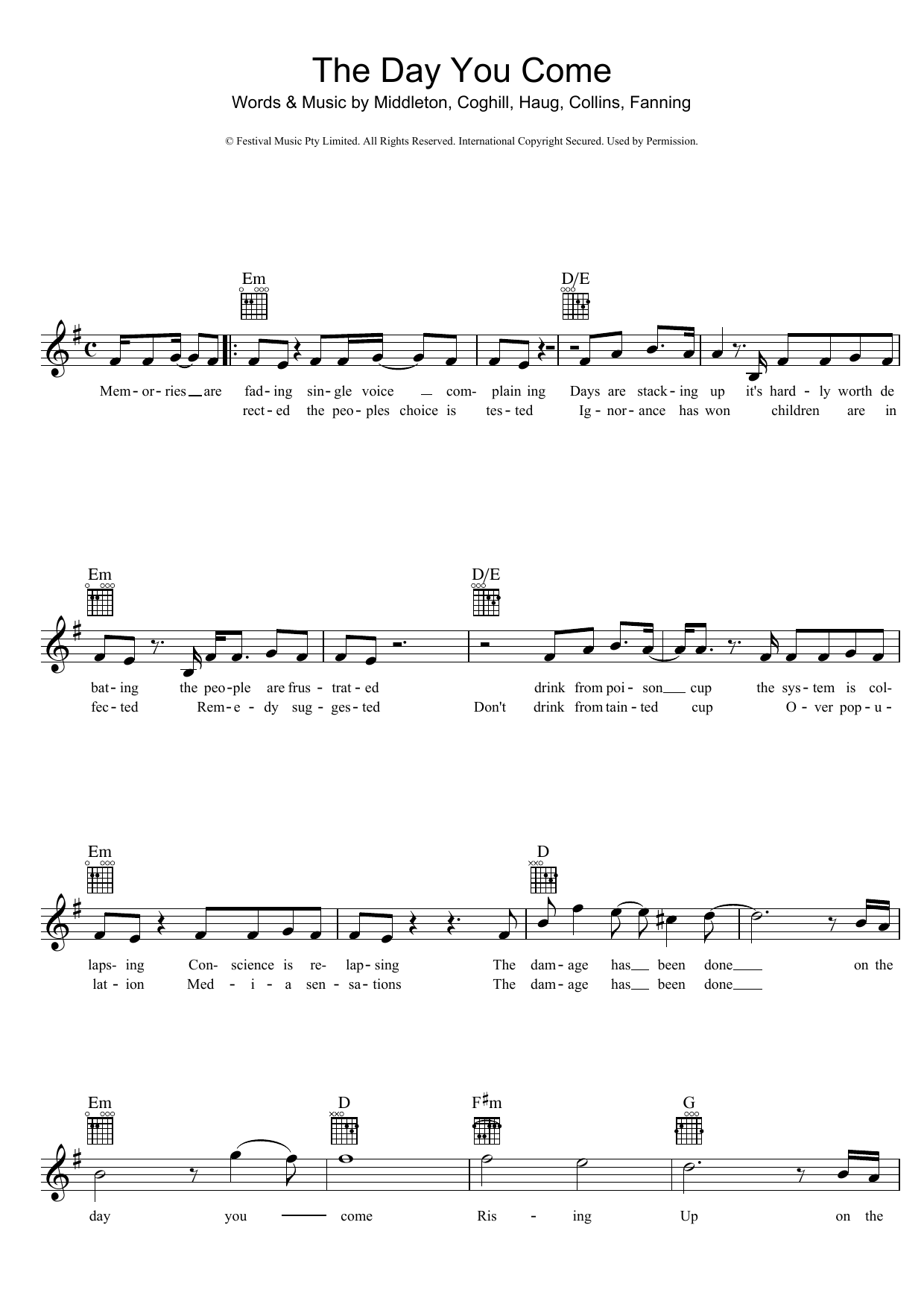 Download Powderfinger Sheet Music and learn how to play Melody Line, Lyrics & PDF score in minutes