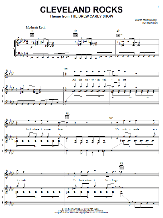 Presidents of the United States of America Cleveland Rocks sheet music preview music notes and score for Piano, Vocal & Guitar (Right-Hand Melody) including 2 page(s)