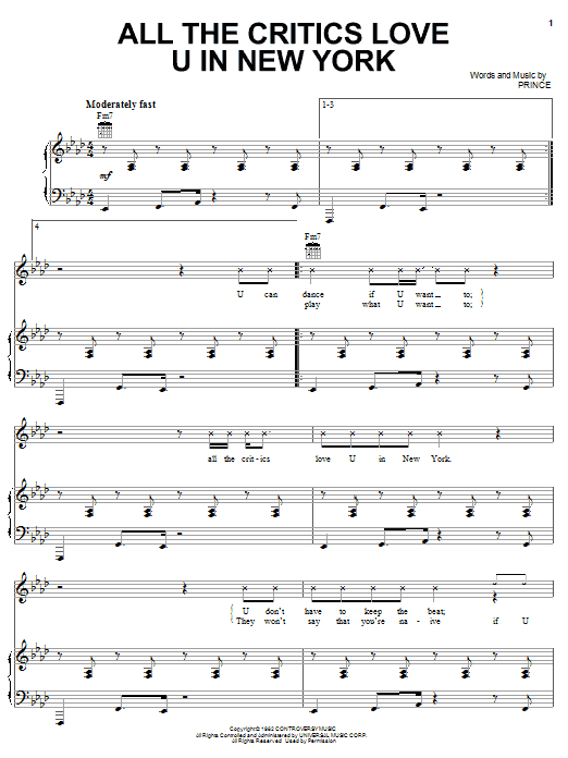 Learn to play Prince All The Critics Love U In New York sheet music for Piano, Vocal & Guitar (Right-Hand Melody) in minutes. Prince All The Critics Love U In New York sheet music preview music notes and score for Piano, Vocal & Guitar (Right-Hand Melody) including 5 page(s)