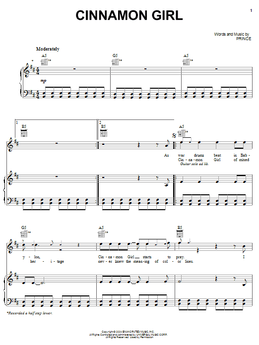 Learn to play Prince Cinnamon Girl sheet music for Piano, Vocal & Guitar (Right-Hand Melody) in minutes. Prince Cinnamon Girl sheet music preview music notes and score for Piano, Vocal & Guitar (Right-Hand Melody) including 6 page(s)