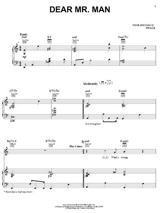 Learn to play Prince Dear Mr. Man sheet music for Piano, Vocal & Guitar (Right-Hand Melody) in minutes. Prince Dear Mr. Man sheet music preview music notes and score for Piano, Vocal & Guitar (Right-Hand Melody) including 8 page(s)