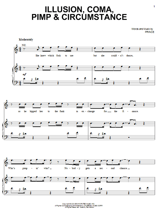 Prince Illusion, Coma, Pimp & Circumstance sheet music, chords, lyrics - Printable PDF for Piano, Vocal & Guitar (Right-Hand Melody)
