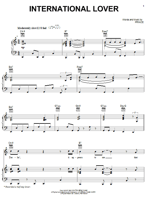Learn to play Prince International Lover sheet music for Piano, Vocal & Guitar (Right-Hand Melody) in minutes. Prince International Lover sheet music preview music notes and score for Piano, Vocal & Guitar (Right-Hand Melody) including 7 page(s)