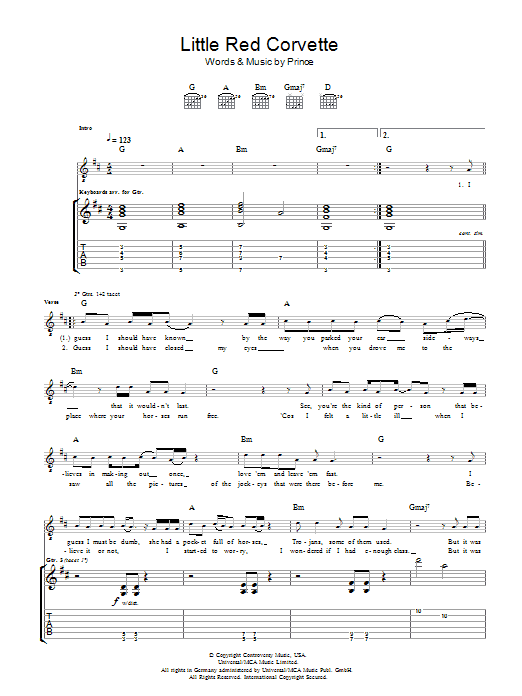 Learn to play Prince Little Red Corvette sheet music for Piano, Vocal & Guitar (Right-Hand Melody) in minutes. Prince Little Red Corvette sheet music preview music notes and score for Piano, Vocal & Guitar (Right-Hand Melody) including 9 page(s)