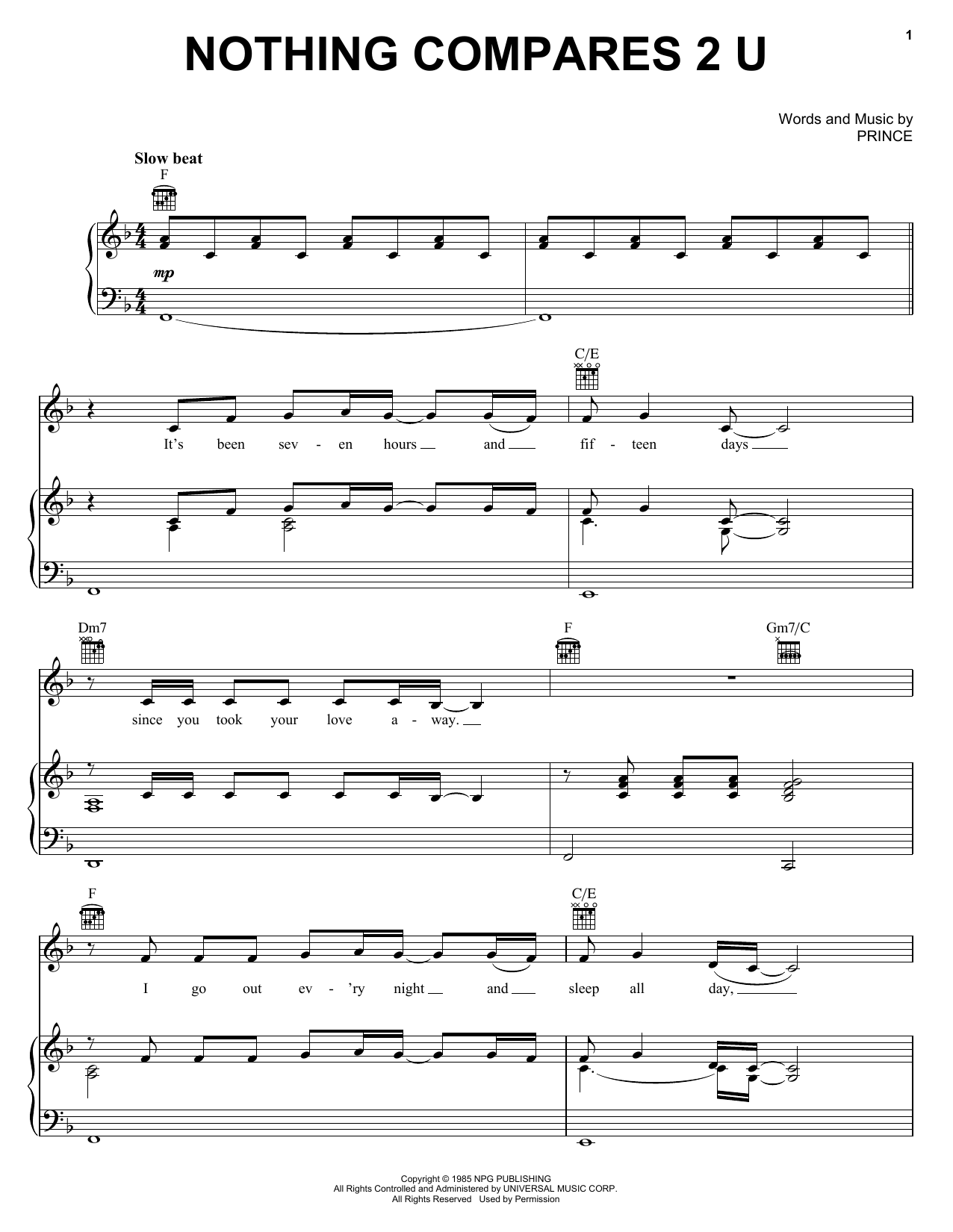Prince Nothing Compares 2 U sheet music preview music notes and score for Piano, Vocal & Guitar (Right-Hand Melody) including 8 page(s)