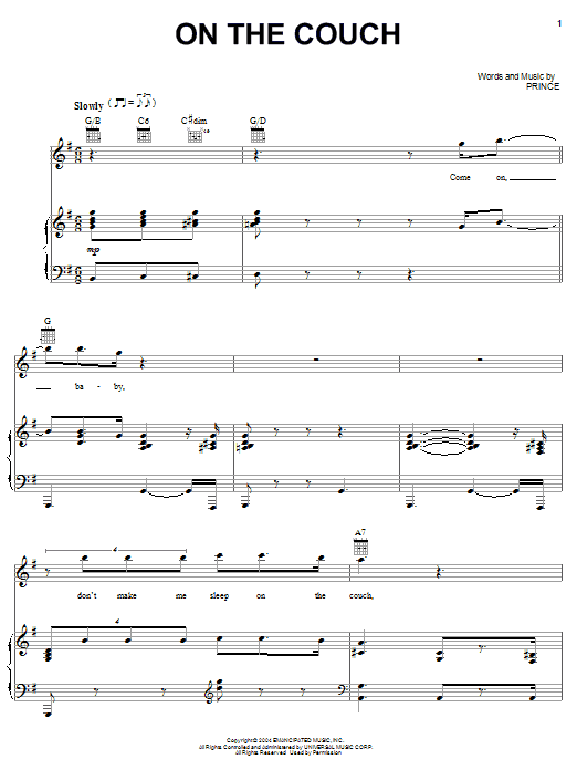 Learn to play Prince On The Couch sheet music for Piano, Vocal & Guitar (Right-Hand Melody) in minutes. Prince On The Couch sheet music preview music notes and score for Piano, Vocal & Guitar (Right-Hand Melody) including 8 page(s)