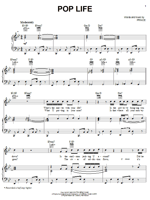 Learn to play Prince Pop Life sheet music for Piano, Vocal & Guitar (Right-Hand Melody) in minutes. Prince Pop Life sheet music preview music notes and score for Piano, Vocal & Guitar (Right-Hand Melody) including 4 page(s)