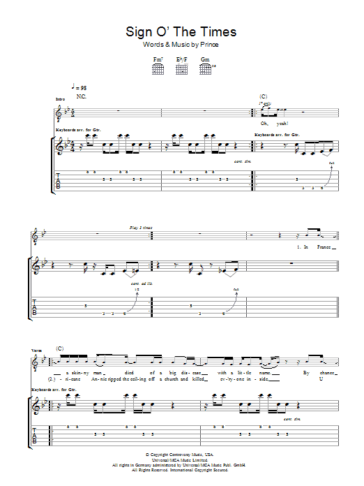 Learn to play Prince Sign O' The Times sheet music for Piano, Vocal & Guitar (Right-Hand Melody) in minutes. Prince Sign O' The Times sheet music preview music notes and score for Piano, Vocal & Guitar (Right-Hand Melody) including 9 page(s)