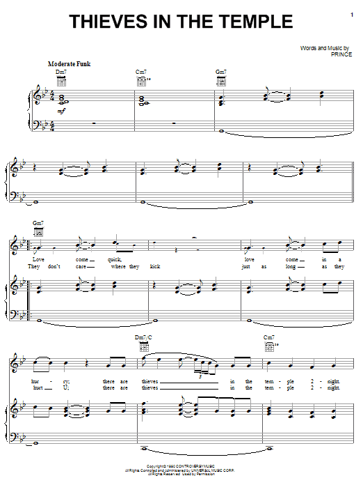 Learn to play Prince Thieves In The Temple sheet music for Piano, Vocal & Guitar (Right-Hand Melody) in minutes. Prince Thieves In The Temple sheet music preview music notes and score for Piano, Vocal & Guitar (Right-Hand Melody) including 6 page(s)