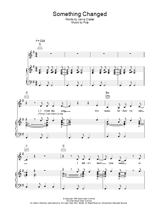 Pulp Something Changed sheet music preview music notes and score for Piano, Vocal & Guitar (Right-Hand Melody) including 6 page(s)
