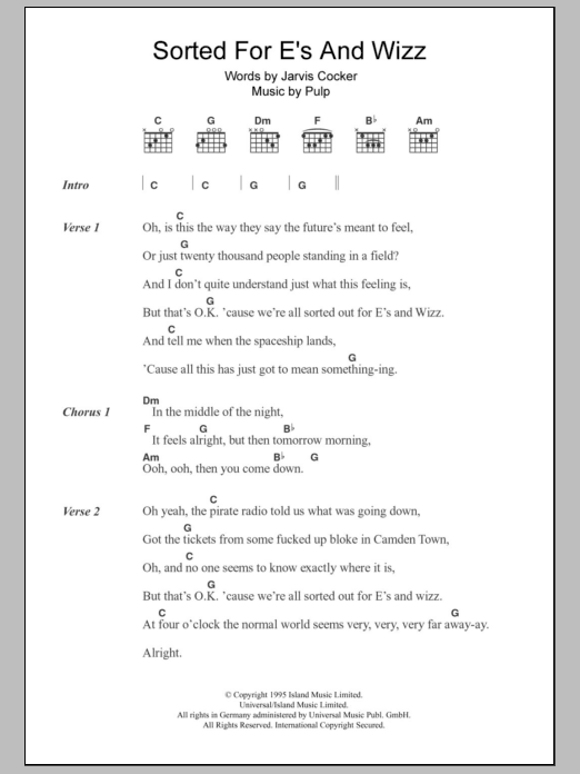 Pulp Sorted For E's And Wizz sheet music, chords, lyrics - Printable PDF for Ukulele