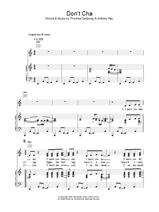 Pussycat Dolls Don't Cha sheet music preview music notes and score for Piano, Vocal & Guitar (Right-Hand Melody) including 4 page(s)