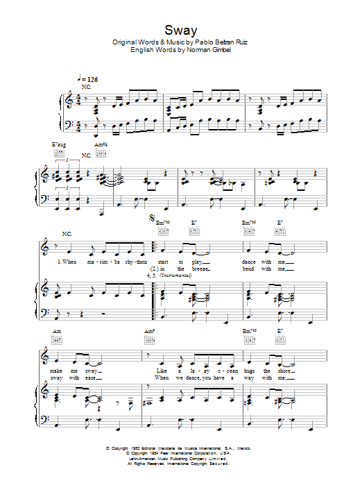 Pussycat Dolls Sway (Quien Sera) sheet music preview music notes and score for Piano, Vocal & Guitar (Right-Hand Melody) including 5 page(s)