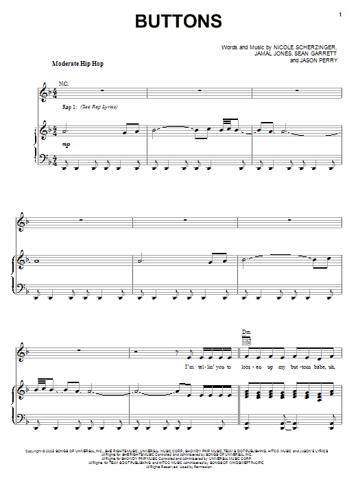 Pussycat Dolls Buttons (feat. Snoop Dogg) sheet music preview music notes and score for Piano, Vocal & Guitar (Right-Hand Melody) including 7 page(s)