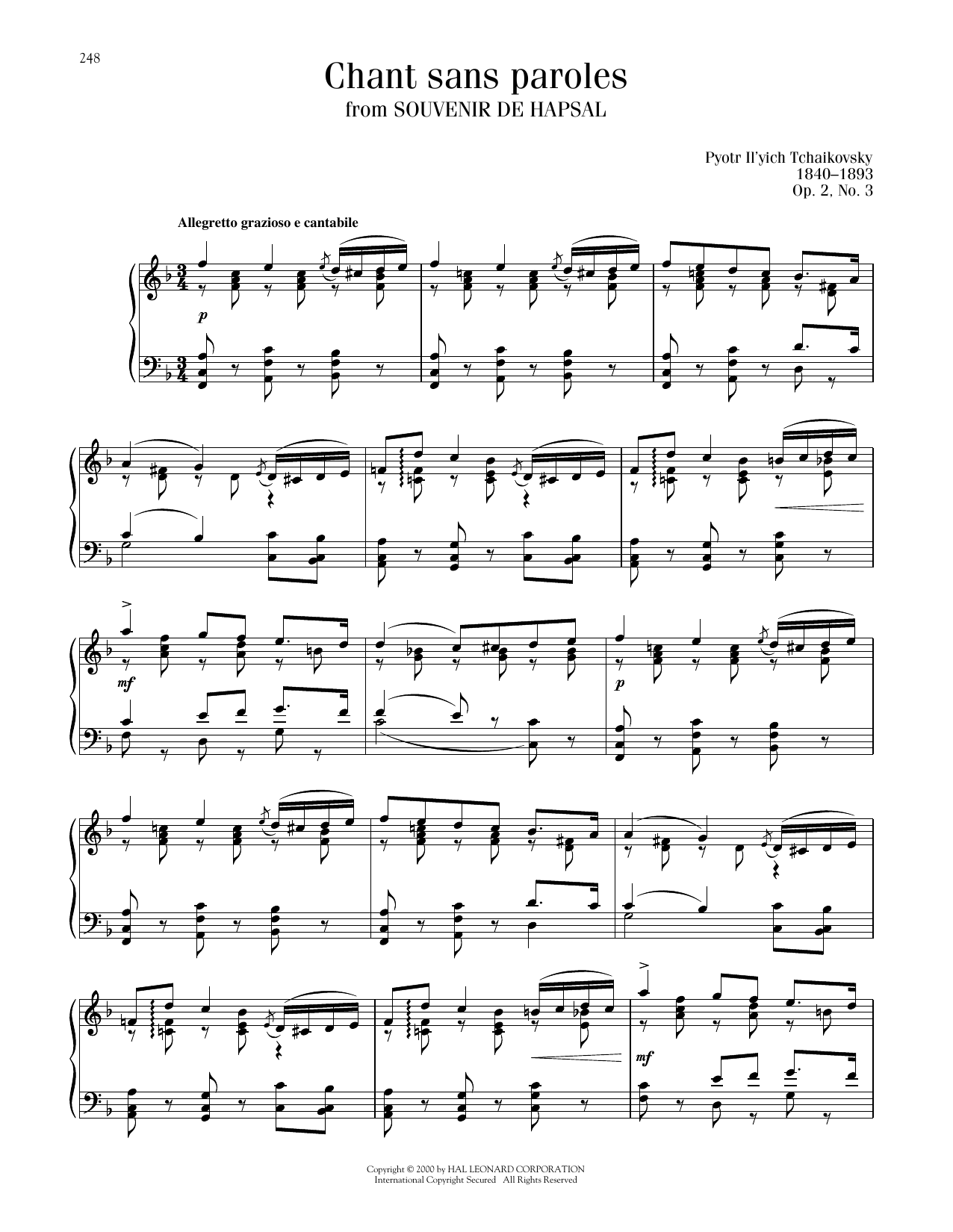 Pyotr Il'yich Tchaikovsky Chant Sans Paroles, Op. 2, No. 3 sheet music, chords, lyrics - Printable PDF for Piano Solo