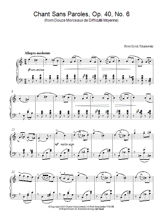Pyotr Ilyich Tchaikovsky Chant Sans Paroles, Op. 40, No. 6 (from Douze Morceaux de Difficulté Moyenne) sheet music, chords, lyrics - Printable PDF for Piano