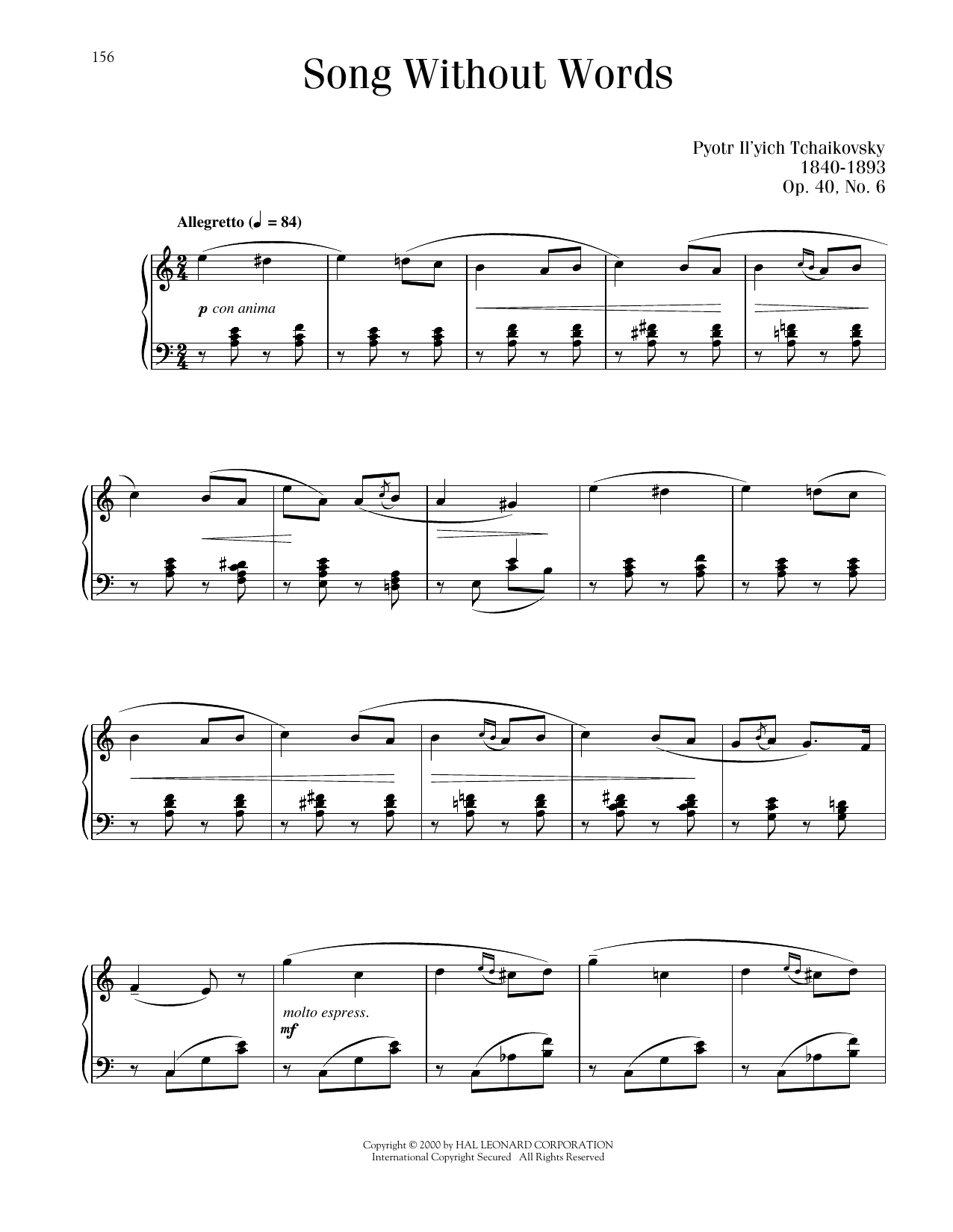 Pyotr Il'yich Tchaikovsky Chant Sans Paroles, Op. 40, No. 6 sheet music, chords, lyrics - Printable PDF for Piano Solo