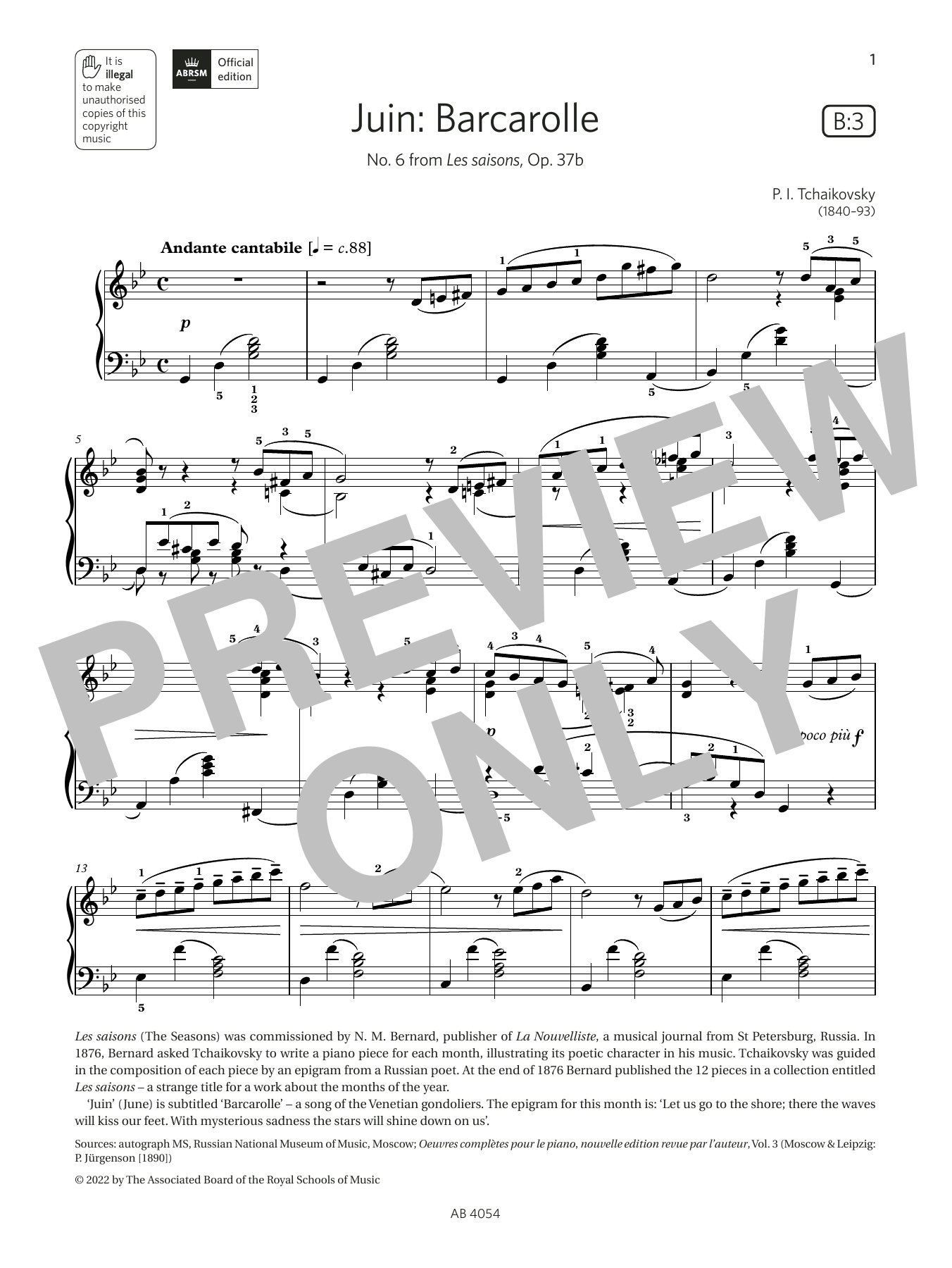 Pyotr Il'yich Tchaikovsky Juin: Barcarolle (Grade 8, list B3, from the ABRSM Piano Syllabus 2023 & 2024) sheet music, chords, lyrics - Printable PDF for Piano Solo