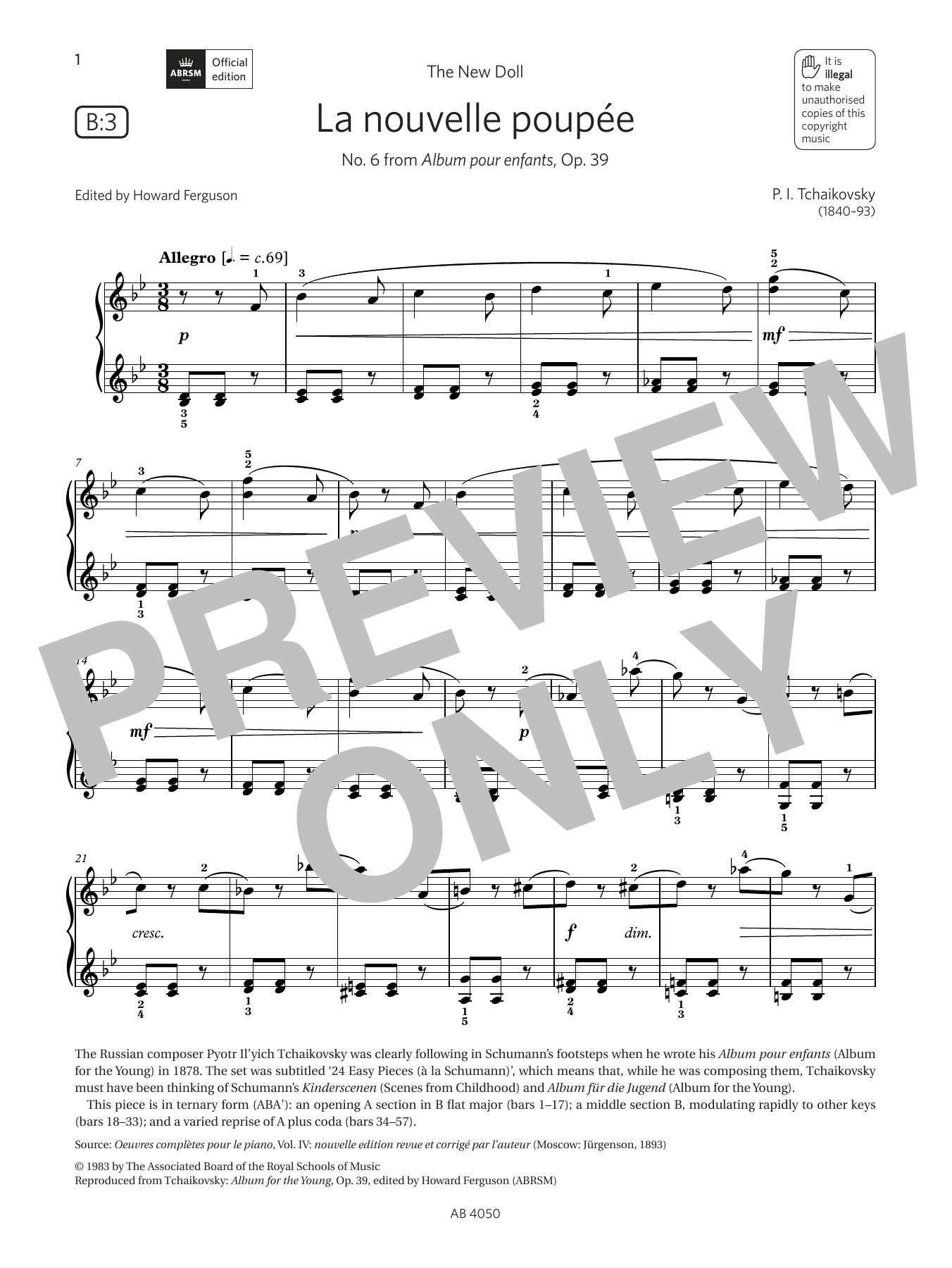 Pyotr Il'yich Tchaikovsky La nouvelle poupée (Grade 4, list B3, from the ABRSM Piano Syllabus 2023 & 2024) sheet music, chords, lyrics - Printable PDF for Piano Solo