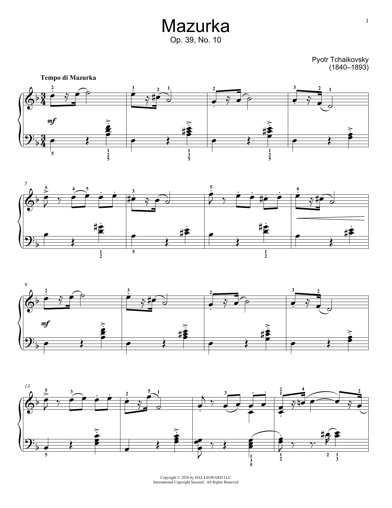 Pyotr Il'yich Tchaikovsky Mazurka In D Minor, Op. 39, No. 10 sheet music, chords, lyrics - Printable PDF for Educational Piano