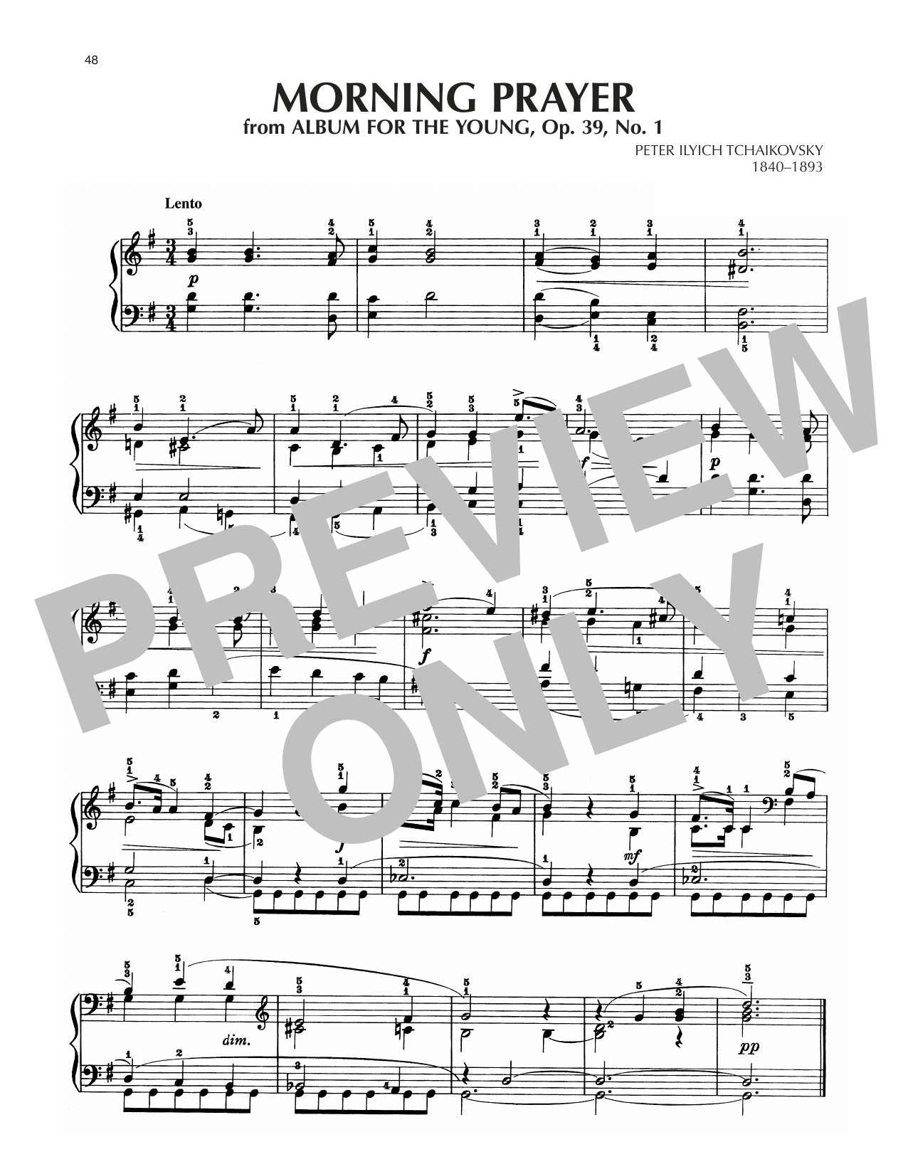 Pyotr Il'yich Tchaikovsky Morning Prayer, Op. 39, No. 1 sheet music, chords, lyrics - Printable PDF for Piano Solo