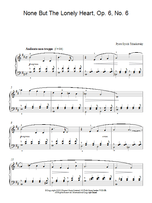 Pyotr Ilyich Tchaikovsky None But The Lonely Heart, Op. 6, No. 6 sheet music, chords, lyrics - Printable PDF for Piano