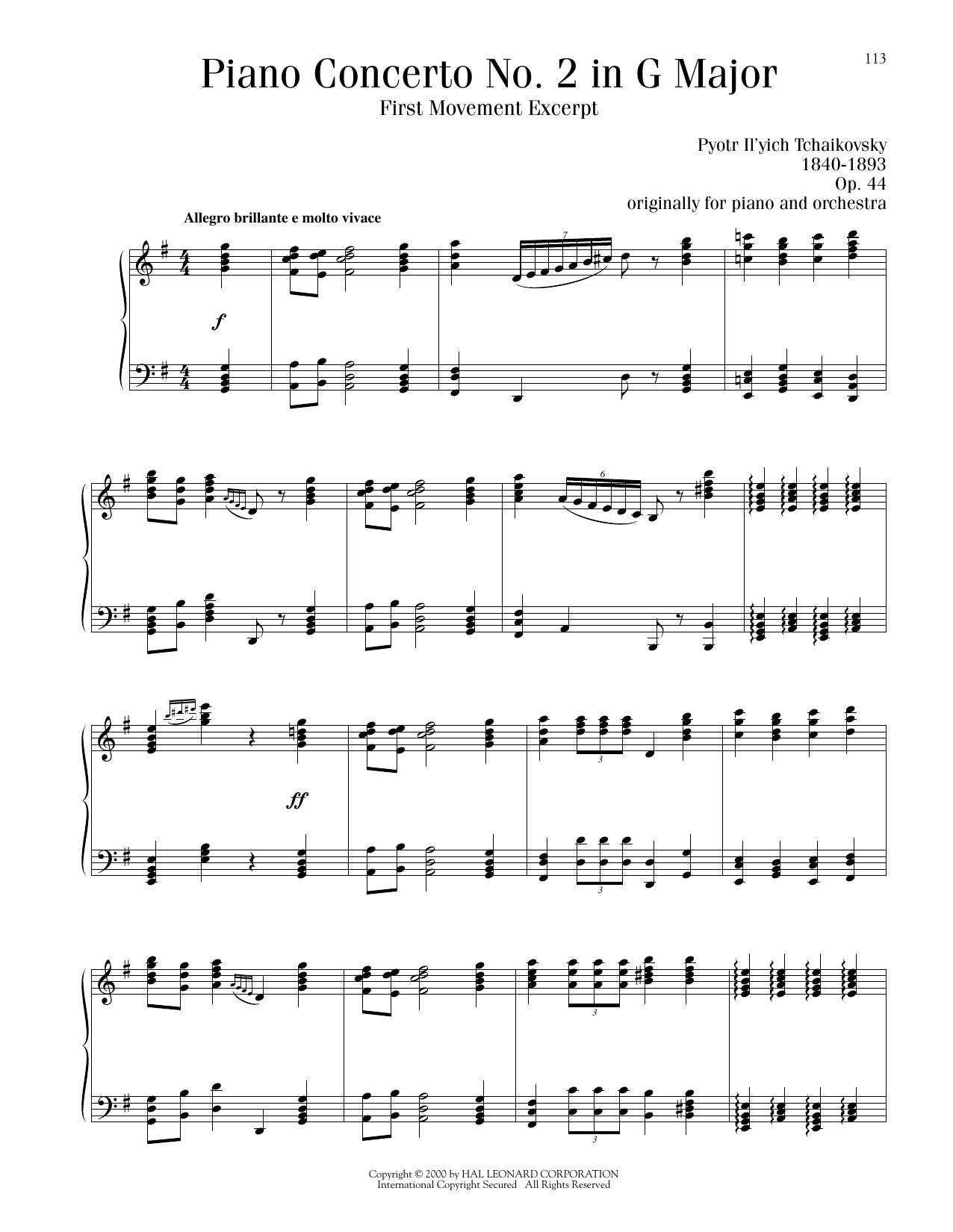 Pyotr Il'yich Tchaikovsky Piano Concerto No. 2 In G Major, Op. 44, First Movement Excerpt sheet music, chords, lyrics - Printable PDF for Piano Solo
