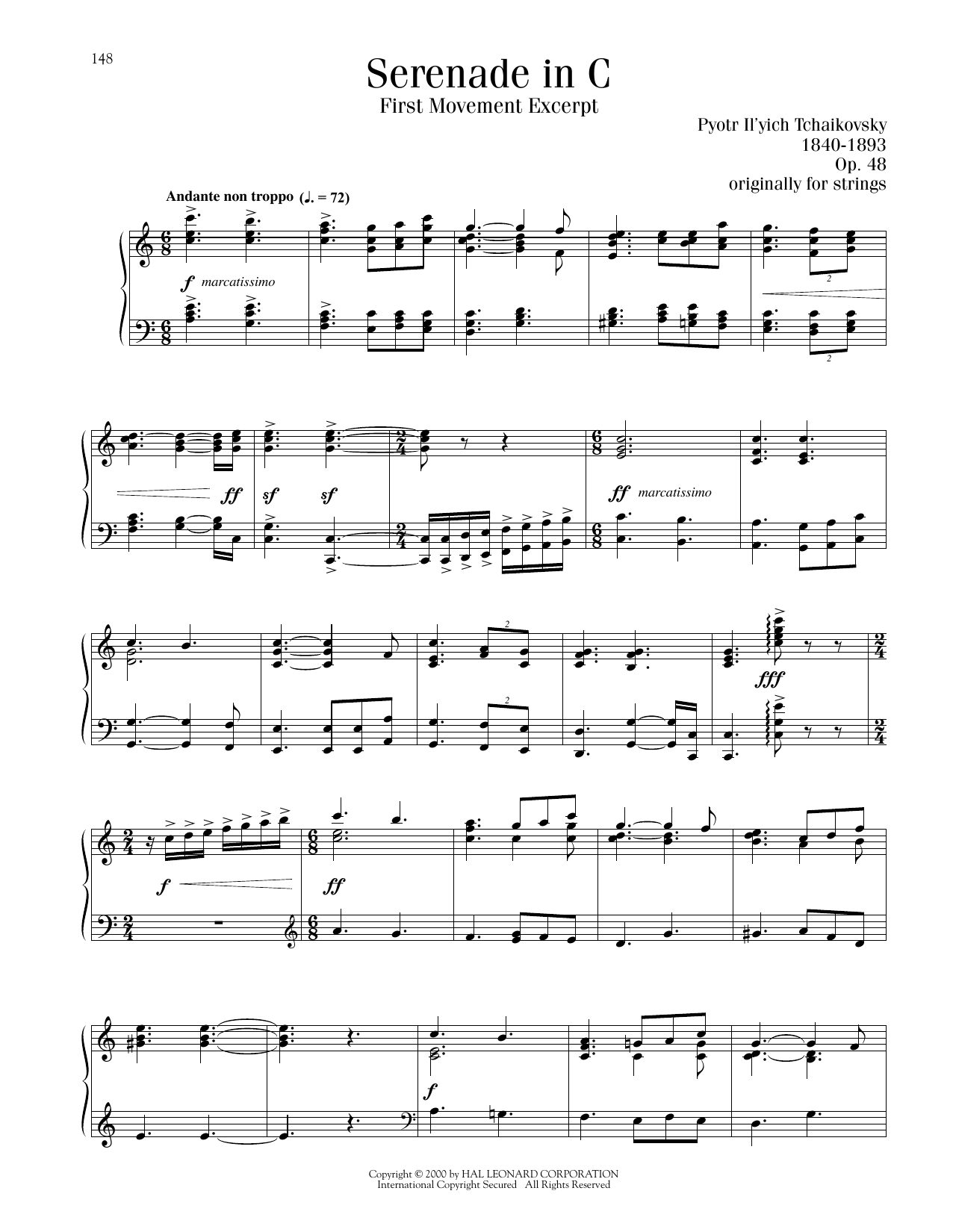 Pyotr Il'yich Tchaikovsky Serenade In C, Op. 48, First Movement Excerpt sheet music, chords, lyrics - Printable PDF for Piano Solo