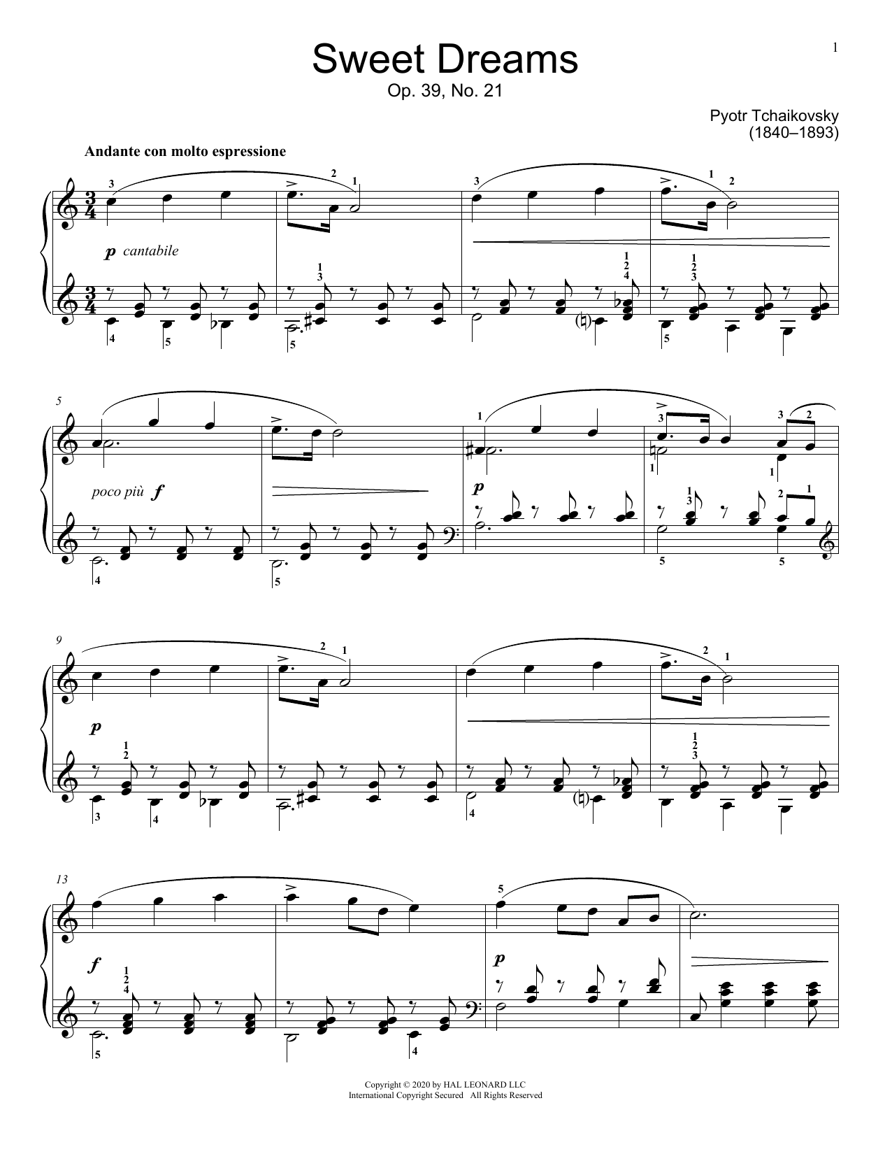 Pyotr Il'yich Tchaikovsky Sweet Dreams, Op. 39, No. 21 sheet music, chords, lyrics - Printable PDF for Educational Piano