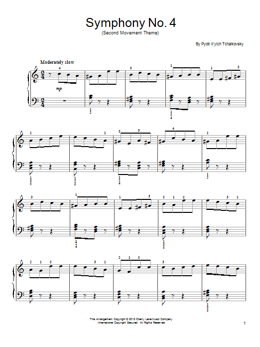 Pyotr Il'yich Tchaikovsky Symphony No. 4 In F Minor, Op. 36, Second Movement Excerpt sheet music, chords, lyrics - Printable PDF for Piano Solo