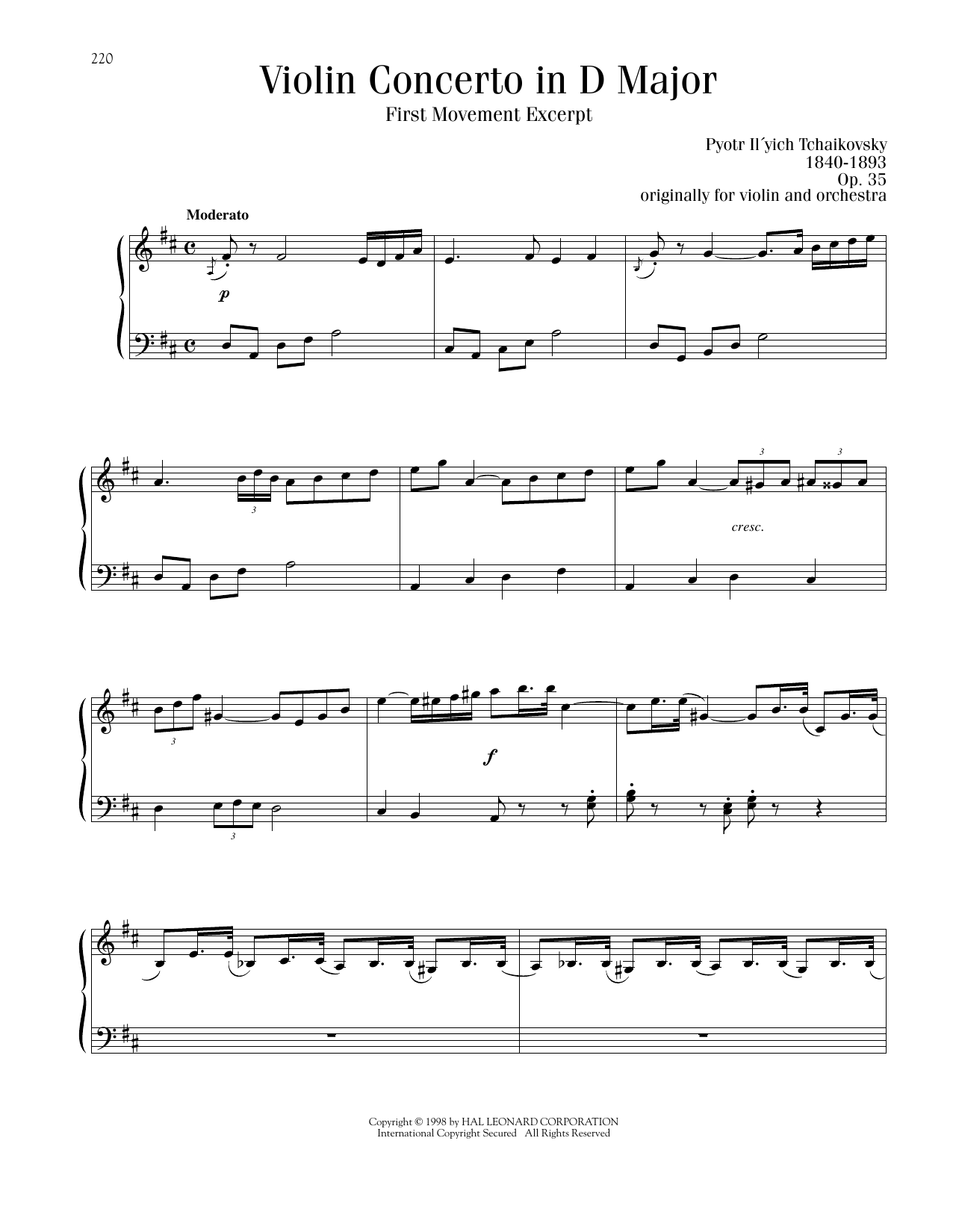 Pyotr Il'yich Tchaikovsky Violin Concerto in D Major, Op. 35, First Movement Excerpt sheet music, chords, lyrics - Printable PDF for Piano Solo