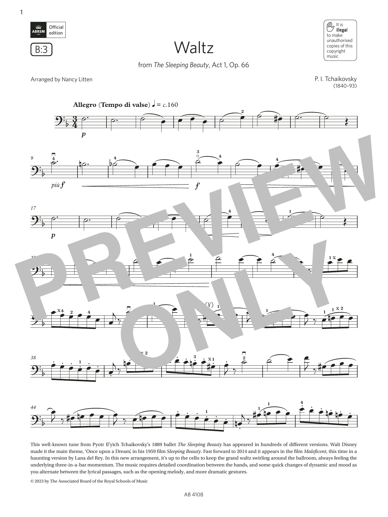 Pyotr Il'yich Tchaikovsky Waltz (Grade 5, B3, from the ABRSM Cello Syllabus from 2024) sheet music, chords, lyrics - Printable PDF for Cello Solo