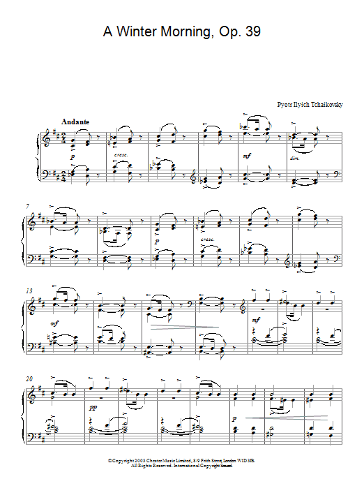 Learn to play Pyotr Ilyich Tchaikovsky A Winter Morning, Op. 39, No. 2 (from Album For The Young) sheet music for Piano in minutes. Pyotr Ilyich Tchaikovsky A Winter Morning, Op. 39, No. 2 (from Album For The Young) sheet music preview music notes and score for Piano including 2 page(s)