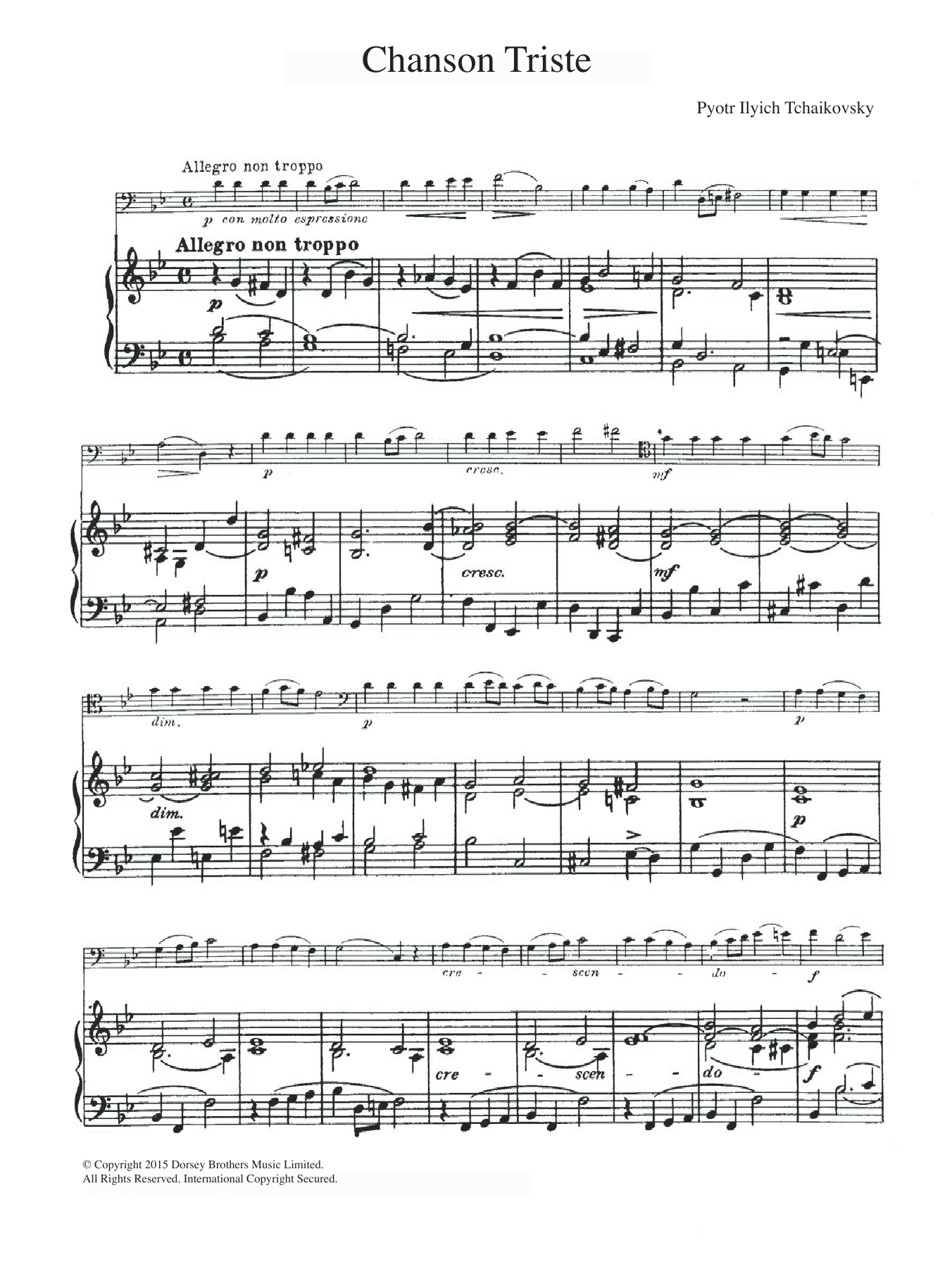 Learn to play Pyotr Il'yich Tchaikovsky Chanson Triste sheet music for Piano Solo in minutes. Pyotr Il'yich Tchaikovsky Chanson Triste sheet music preview music notes and score for Piano Solo including 2 page(s)