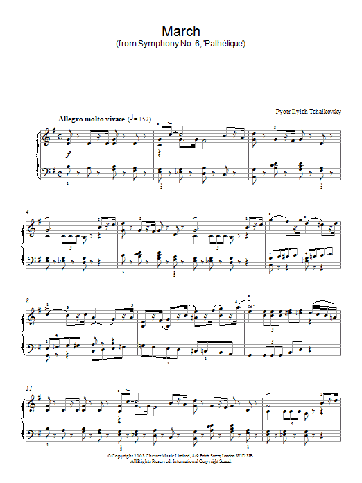 Learn to play Pyotr Ilyich Tchaikovsky March (from Symphony No. 6, 'Pathétique') sheet music for Piano in minutes. Pyotr Ilyich Tchaikovsky March (from Symphony No. 6, 'Pathétique') sheet music preview music notes and score for Piano including 3 page(s)