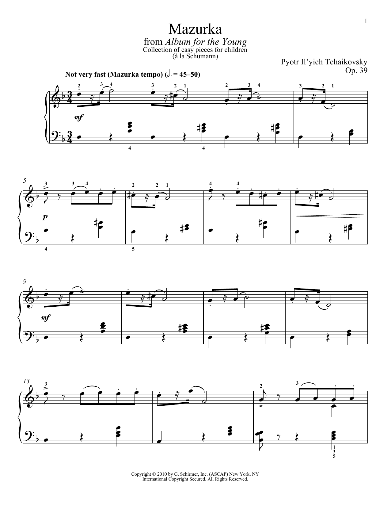 Learn to play Pyotr Il'yich Tchaikovsky Mazurka sheet music for Piano Solo in minutes. Pyotr Il'yich Tchaikovsky Mazurka sheet music preview music notes and score for Piano Solo including 6 page(s)