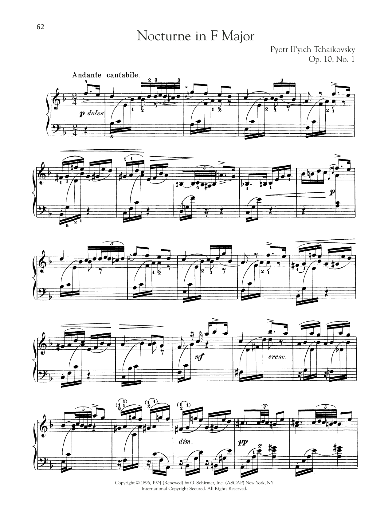 Pyotr Il'yich Tchaikovsky Nocturne, Op. 10, No. 1 sheet music preview music notes and score for Piano Solo including 4 page(s)