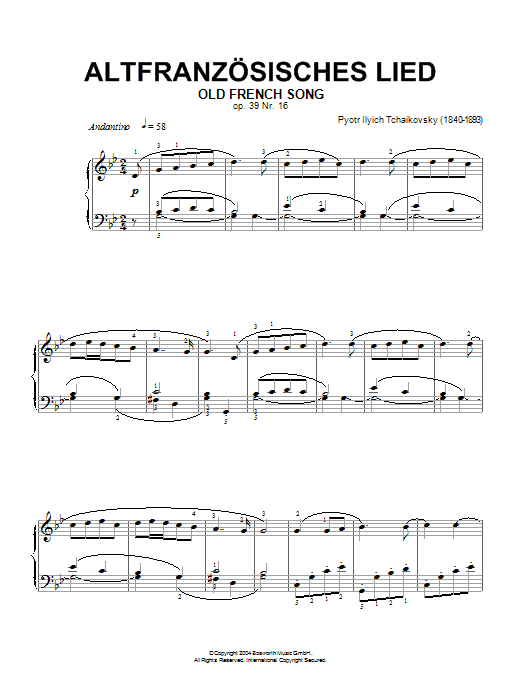 Pyotr Ilyich Tchaikovsky Old French Song, Op. 39, No. 16 (from Album For The Young) sheet music preview music notes and score for Piano including 2 page(s)