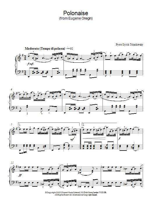 Learn to play Pyotr Ilyich Tchaikovsky Polonaise (from Eugene Onegin) sheet music for Piano in minutes. Pyotr Ilyich Tchaikovsky Polonaise (from Eugene Onegin) sheet music preview music notes and score for Piano including 4 page(s)