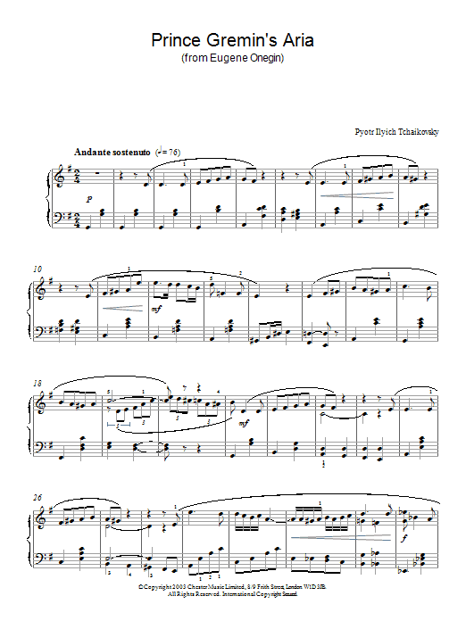 Learn to play Pyotr Ilyich Tchaikovsky Prince Gremin's Aria (from Eugene Onegin) sheet music for Piano in minutes. Pyotr Ilyich Tchaikovsky Prince Gremin's Aria (from Eugene Onegin) sheet music preview music notes and score for Piano including 3 page(s)