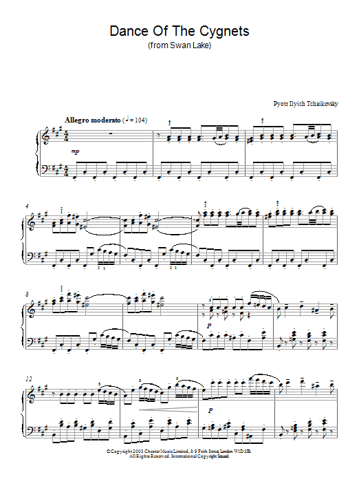 Learn to play Pyotr Ilyich Tchaikovsky Dance Of The Cygnets (from Swan Lake) sheet music for Piano in minutes. Pyotr Ilyich Tchaikovsky Dance Of The Cygnets (from Swan Lake) sheet music preview music notes and score for Piano including 2 page(s)
