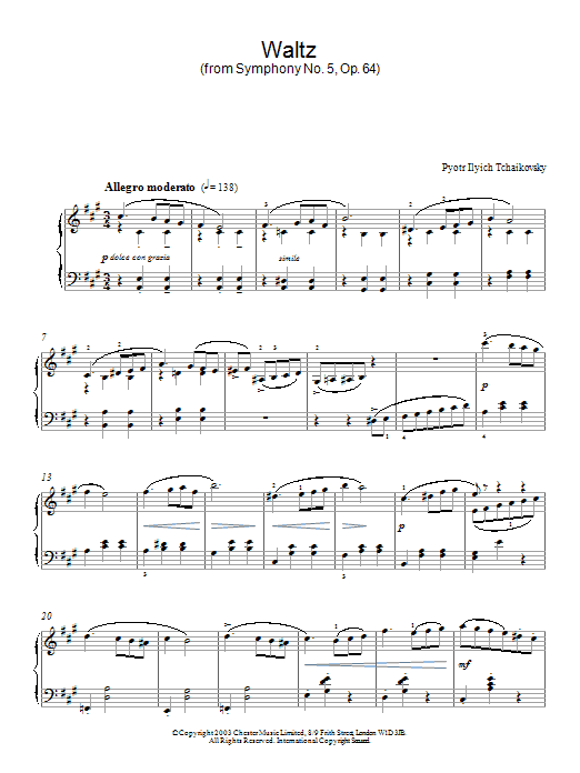 Learn to play Pyotr Ilyich Tchaikovsky Waltz (from Symphony No. 5, Op. 64) sheet music for Piano in minutes. Pyotr Ilyich Tchaikovsky Waltz (from Symphony No. 5, Op. 64) sheet music preview music notes and score for Piano including 4 page(s)
