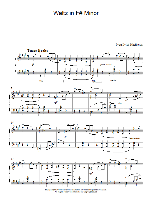 Learn to play Pyotr Ilyich Tchaikovsky Waltz in F# Minor sheet music for Piano in minutes. Pyotr Ilyich Tchaikovsky Waltz in F# Minor sheet music preview music notes and score for Piano including 7 page(s)