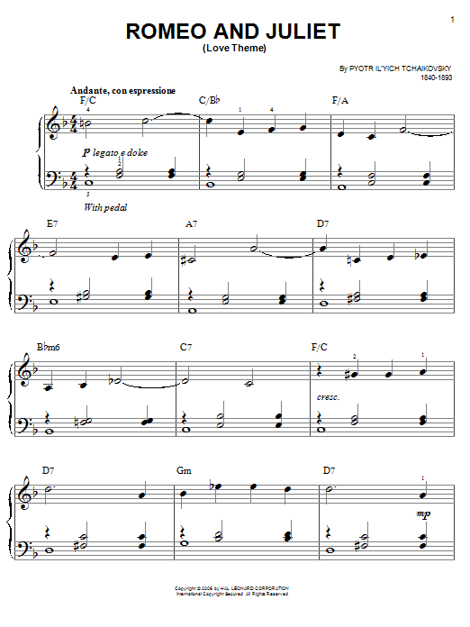 Learn to play Pyotr Ilyich Tchaikovsky Romeo And Juliet (Love Theme) sheet music for Easy Piano in minutes. Pyotr Ilyich Tchaikovsky Romeo And Juliet (Love Theme) sheet music preview music notes and score for Easy Piano including 2 page(s)
