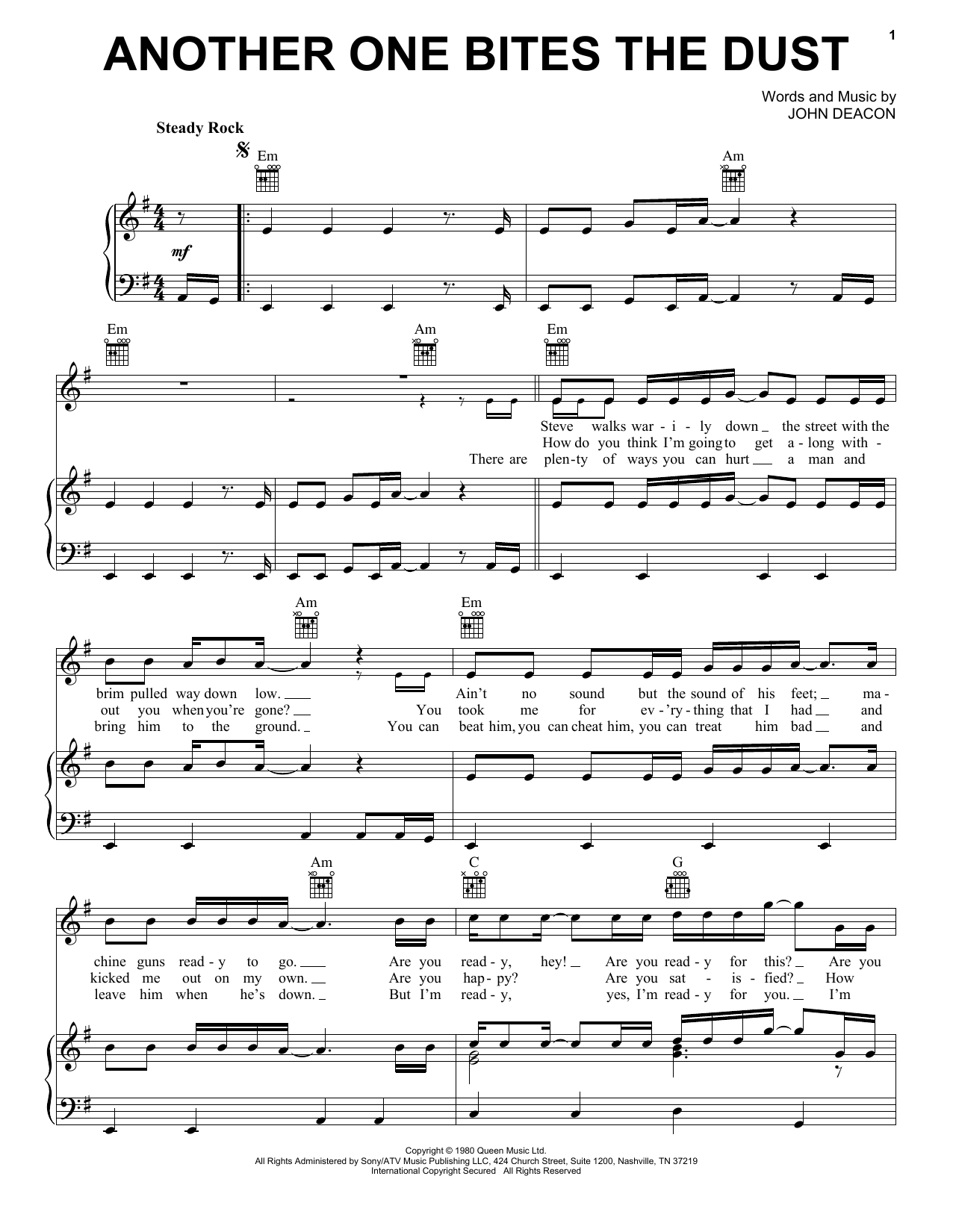 Queen Another One Bites The Dust sheet music preview music notes and score for Piano, Vocal & Guitar (Right-Hand Melody) including 4 page(s)