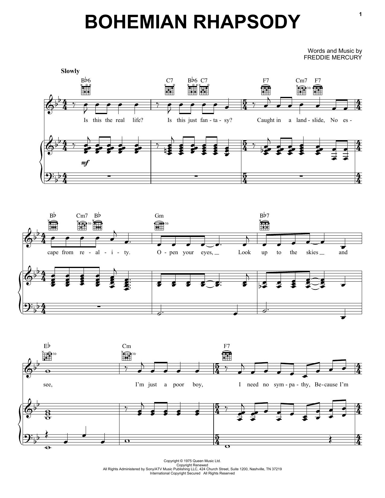 Queen Bohemian Rhapsody sheet music preview music notes and score for Easy Piano including 12 page(s)