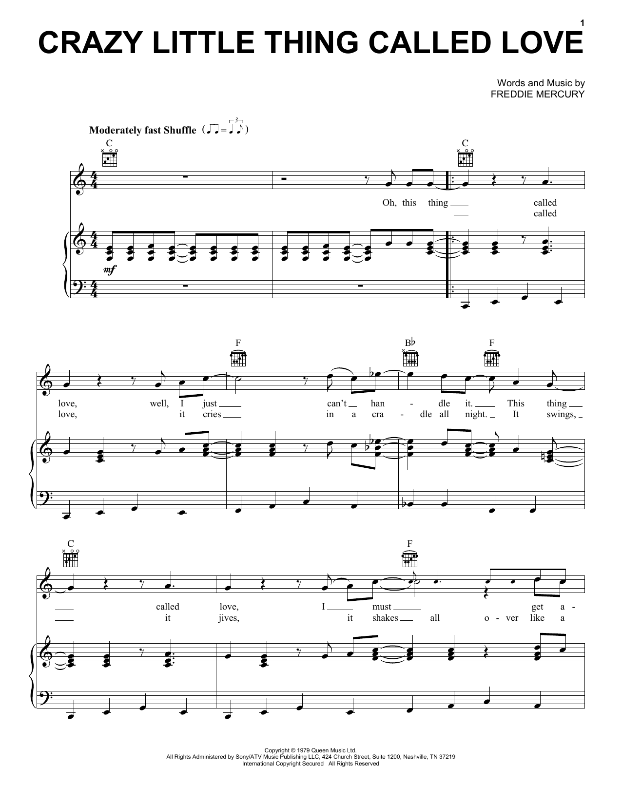 Queen Crazy Little Thing Called Love sheet music preview music notes and score for Piano, Vocal & Guitar including 6 page(s)